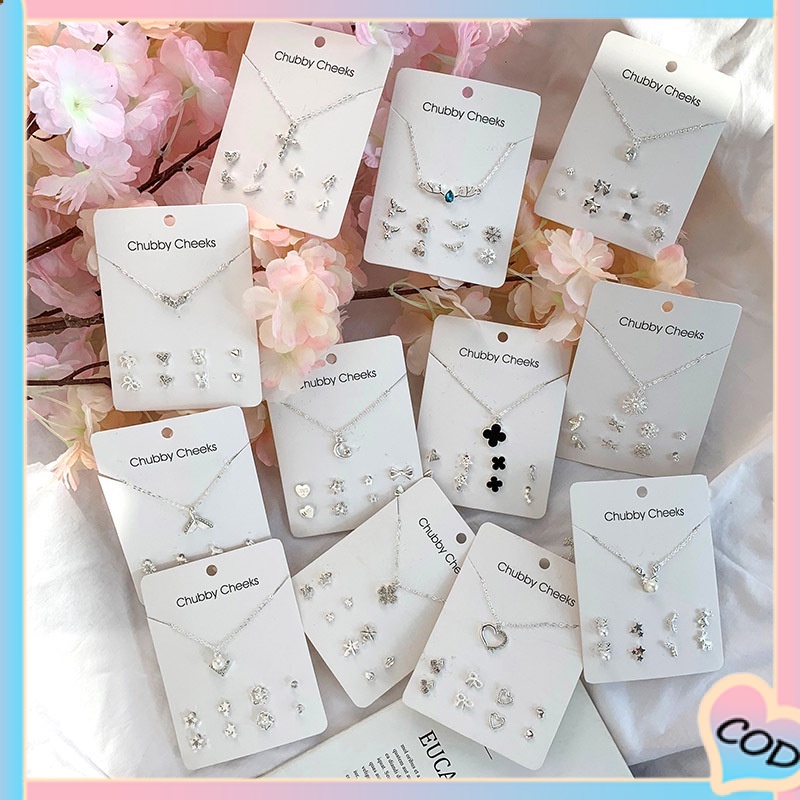 COD❤5 Pcs/Set Kalung Geometri Anting Wanita Anting Pejantan Kristal Liontin Mutiara Sederhana