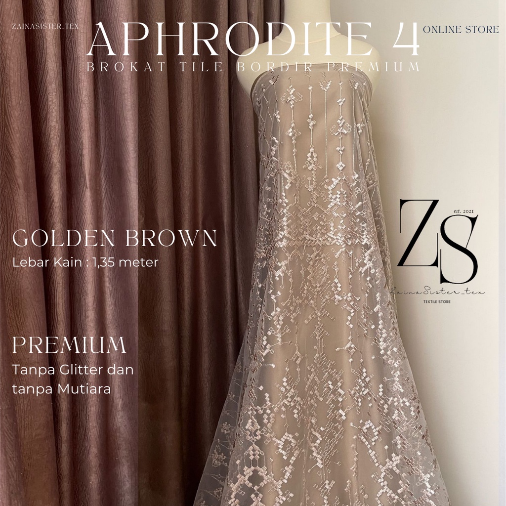 Bahan Kain Kebaya Brukat Tile Tille Bordir Premium Etnik Aphrodite Motif 4 Warna Golden Brown