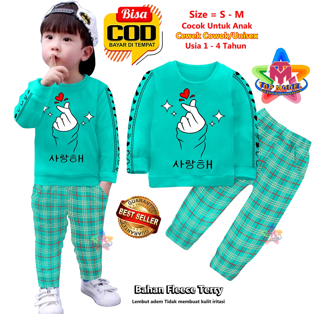 Setelan Baju Anak Saranghaeyo UNISEX 1-4 Tahun Cewek Cowok,TM0008B terbaru dan termurah Bahan Fleece Terry