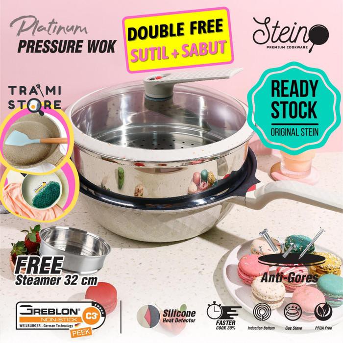 Steincookware Platinum Pressure Wok Pan 32 Cm + Steamer Stainless - Brown Gold