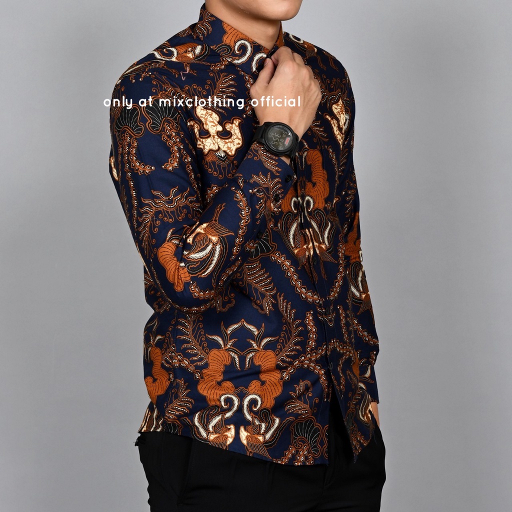 New Premium Baju Kemeja Batik Pria Slimfit Lengan Panjang 1813 Navy