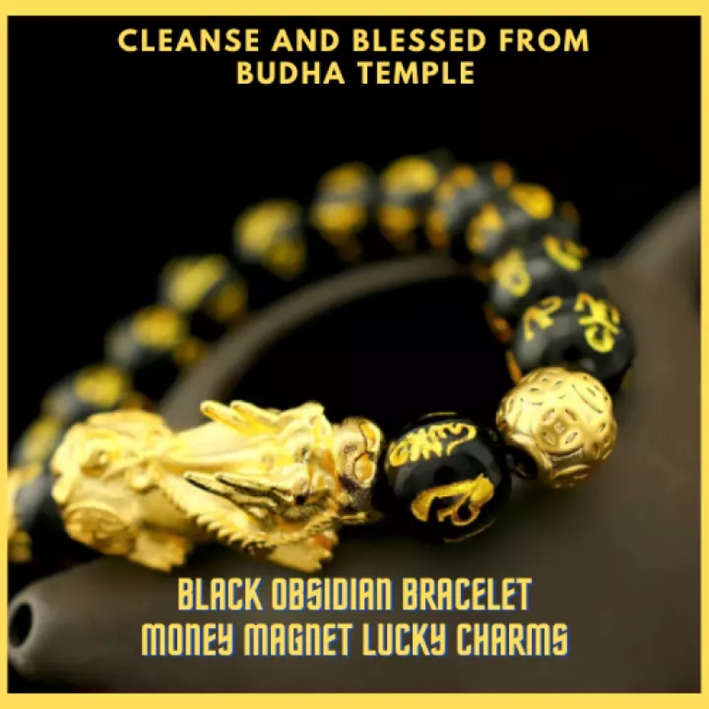 Piyao Gelang Magnet Obsidian Feng Shui Warna Hitam Emas Charm Uang Keberuntungan Charms