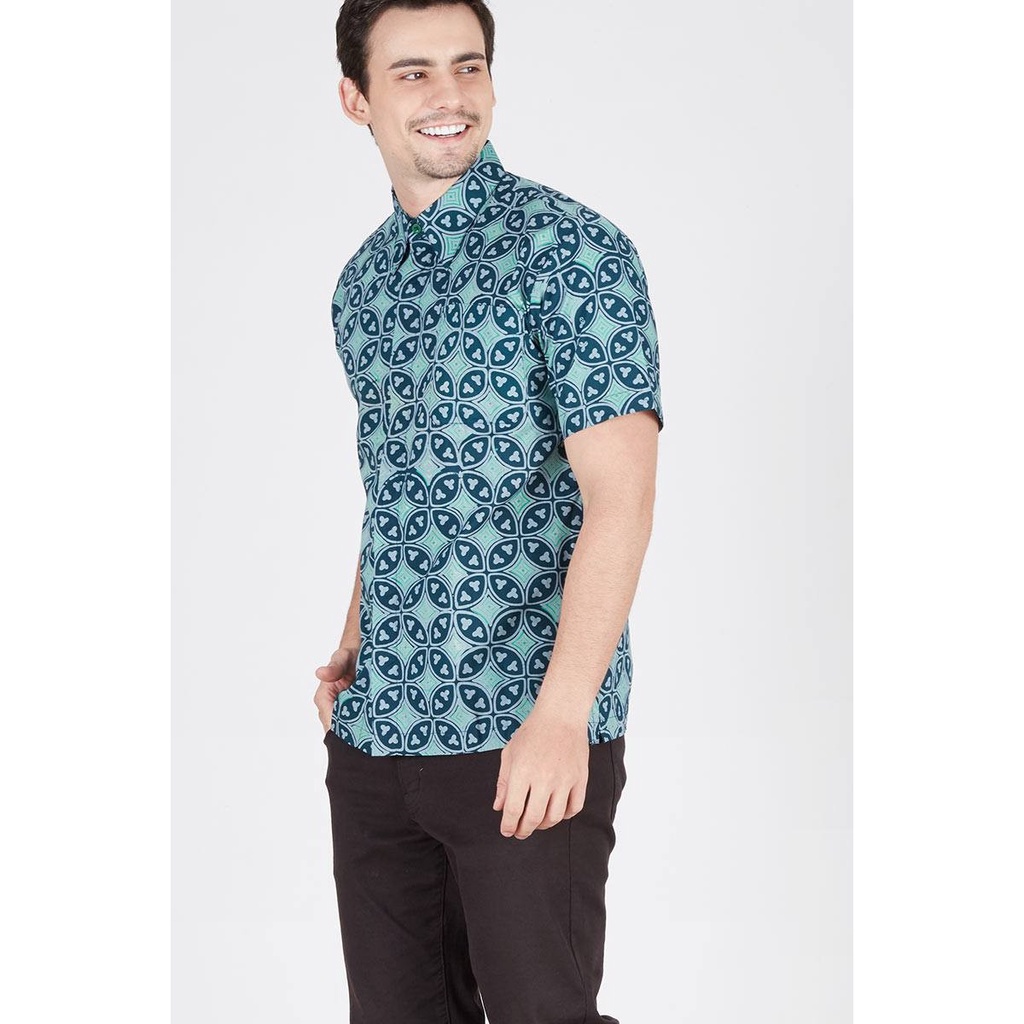 Kemeja Baju Batik Pria Lengan Pendek Cap Biru Muda Putih