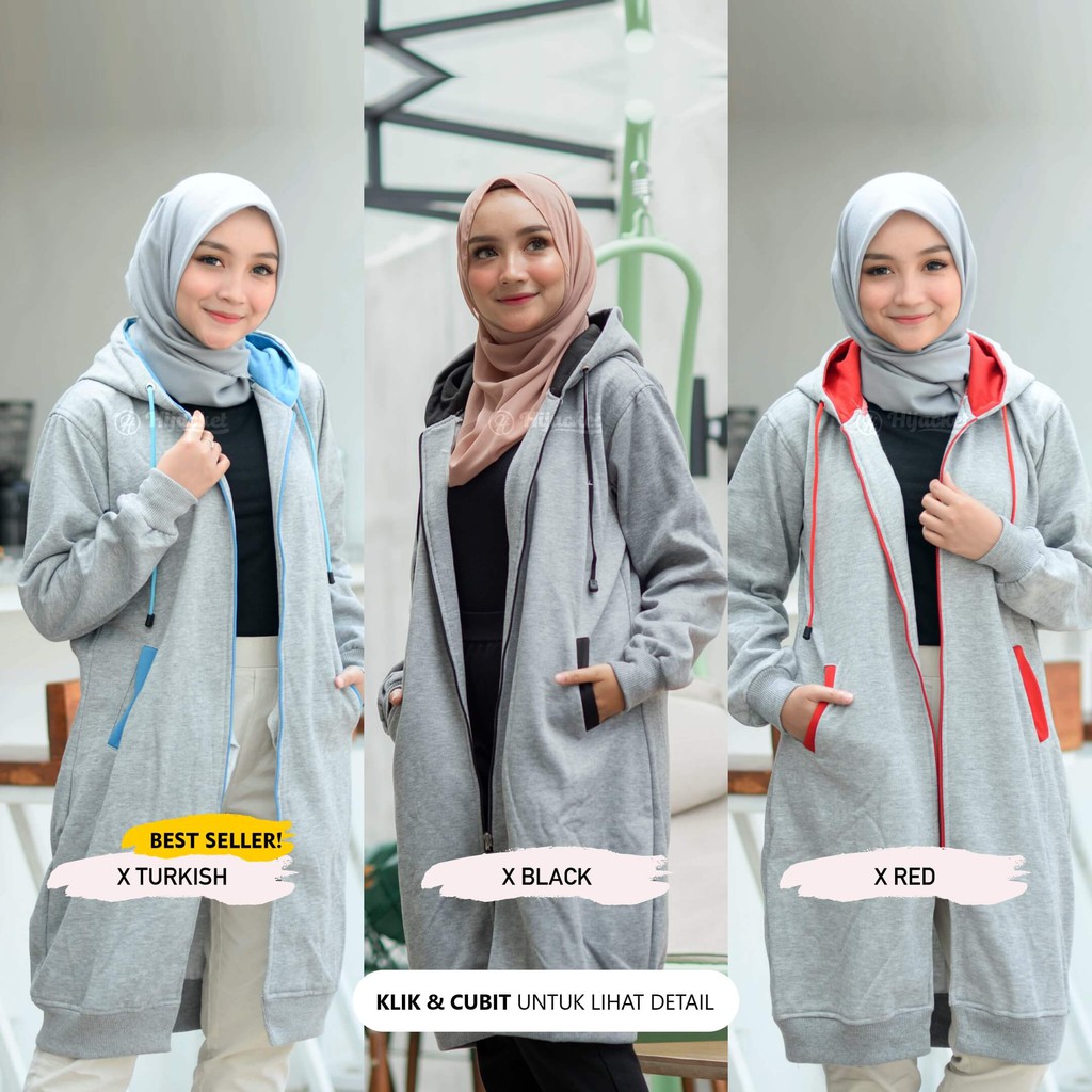 Jaket Sweater Wanita Muslimah Hijaber - Hijacket Basic Grey - Switer Hoodie Outwear Panjang Hijabers-1