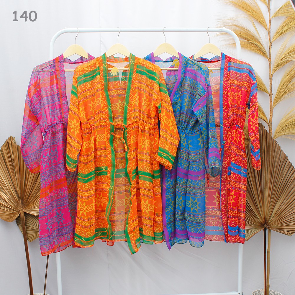 JakartaFashion - cardigan tunik serut tali depan motif etnic tribal bahan ringan long outer pantai