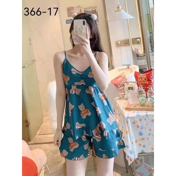 SET BAJU TIDUR WANITA + CELANA KARAKTER LUCU SATIN SNC-SNC BIRU PIQUE BEAR
