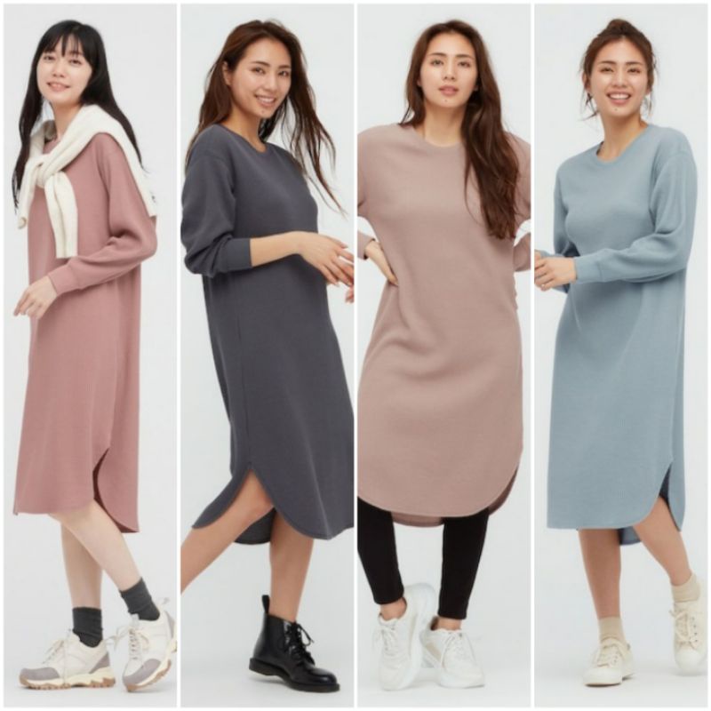 Gaun Dress Kaos Waffle Crew Neck Lengan Panjang Uniqlo Original TERMURAH