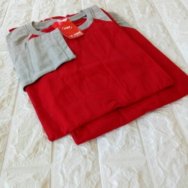 Kaos polos reglan MERAH-ABUMISTY lengan panjang dewasa uk M L XL XXL pria dan wanita