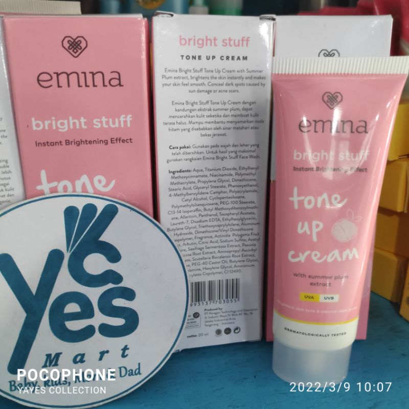 Emina Bright Stuff Moisturizing Cream 20 ml Acne Prone Skin Tone Up Krim Pelembab Muka Wajah Berjerawat Jerawat Normal Skin Glowing SPF 15 UVA UVB