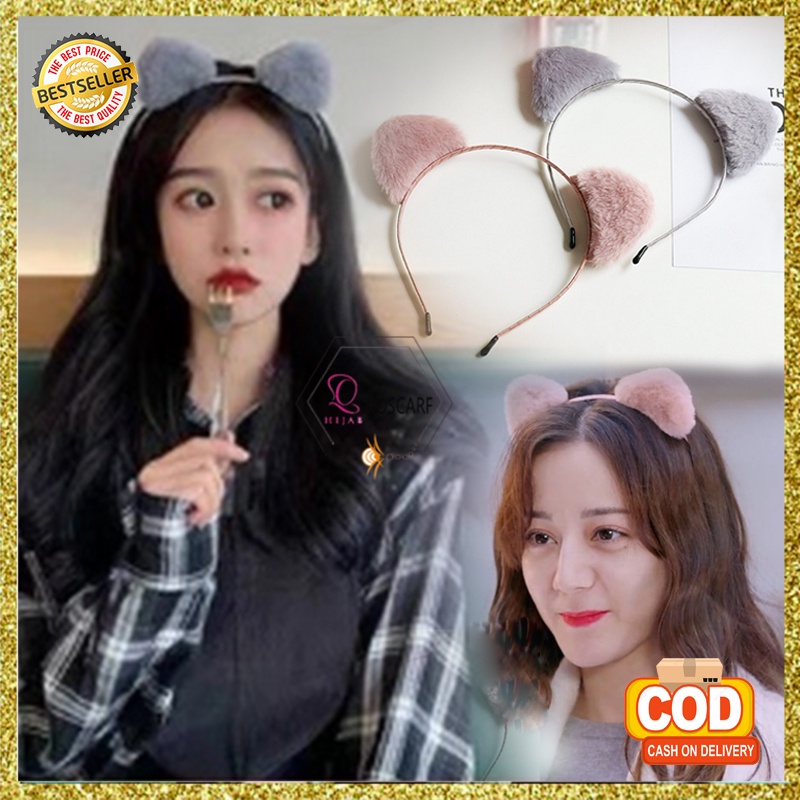 Bando Korea Perempuan Dewasa Aksen Kuping Kucing Bahan Kain Bulu Fashion Bandana Aksesoris Hiasan Rambut import AK160