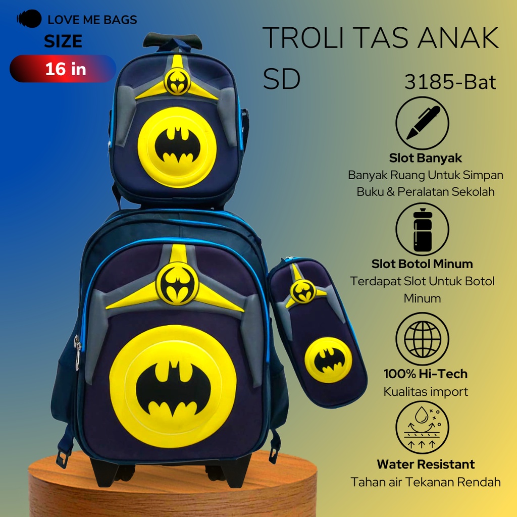 LMB Tas Troli Anak Sekolah Laki Laki SD Import 3in1 Bahan Nilon Premium Bagian Depan Timbul 6D Karakter Superhero Tebal Ukuran Besar