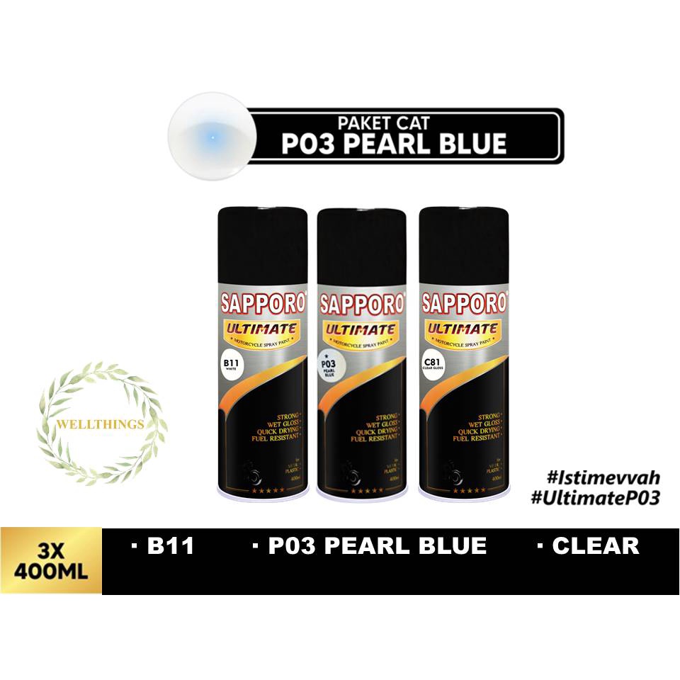 Paket Sapporo Ultimate Pearl Blue P03 + White B11 + Clear C81 / Cat Lembayung Biru Putih Vernis Glos