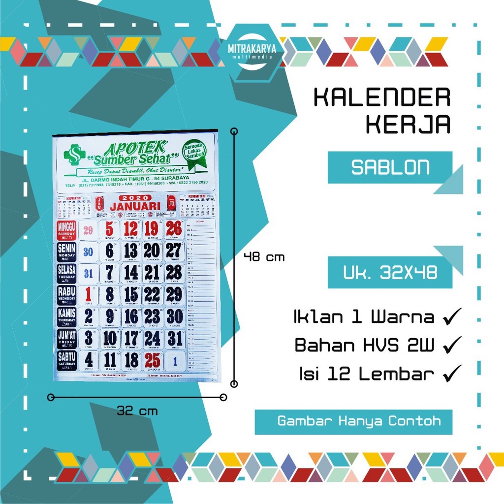 Jual Kalender Dinding Kalender Kerja Sablon 32x48cm | Shopee Indonesia