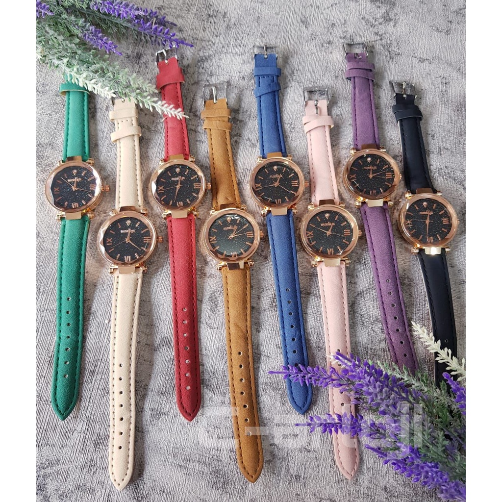 Jam tangan wanita murah kulit analog bulat Modiya