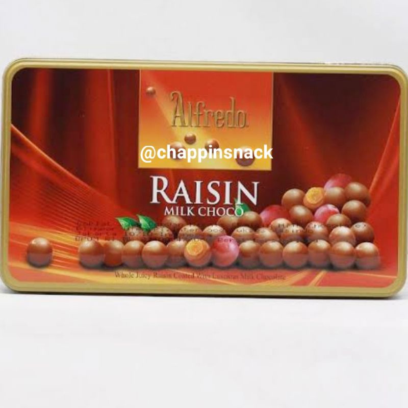 

Coklat Alfredo raisin milk choco cokelat impor import box kaleng