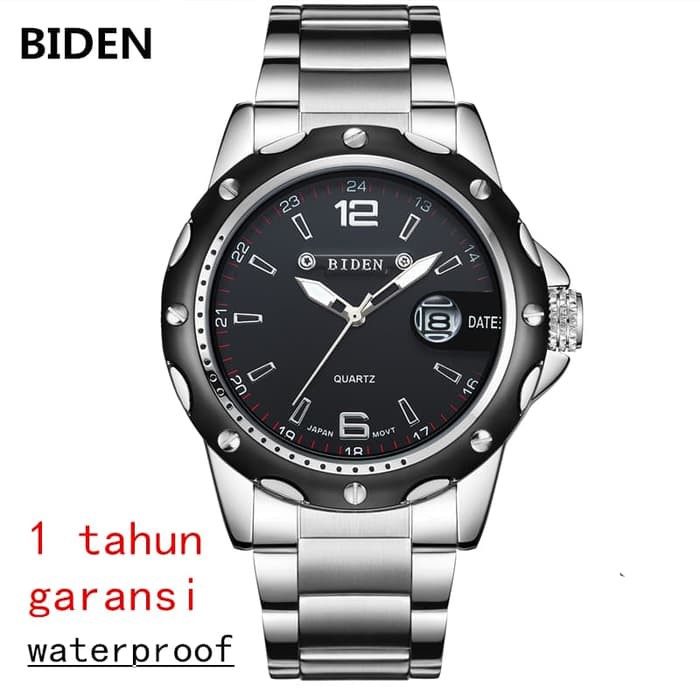 Jam Tangan Pria BIDEN BD-005 Analog Rantai Silver Black ORIGINAL Anti Air BERGARANSI