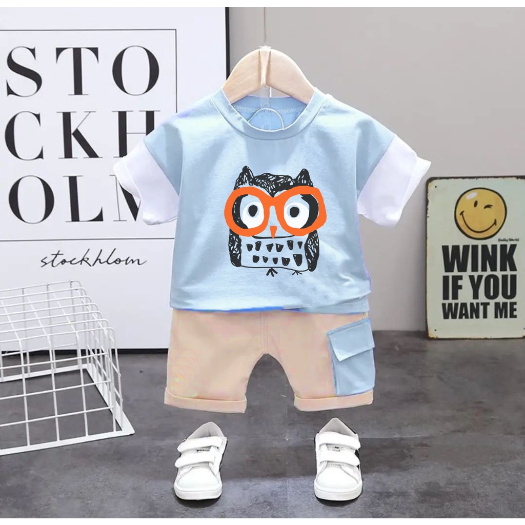 Zahra Setelan Anak Laki Laki The Owly Bahan Katun | Pakaian Anak Kekinian Umur 1-5 Tahun