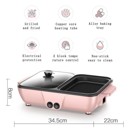 Panci Wajan Mini elektrik Hotpot Steamboat &amp; Grill Pan Bbq Multifungsi 2In1 Shabu panci wajan serbaguna anti lengket