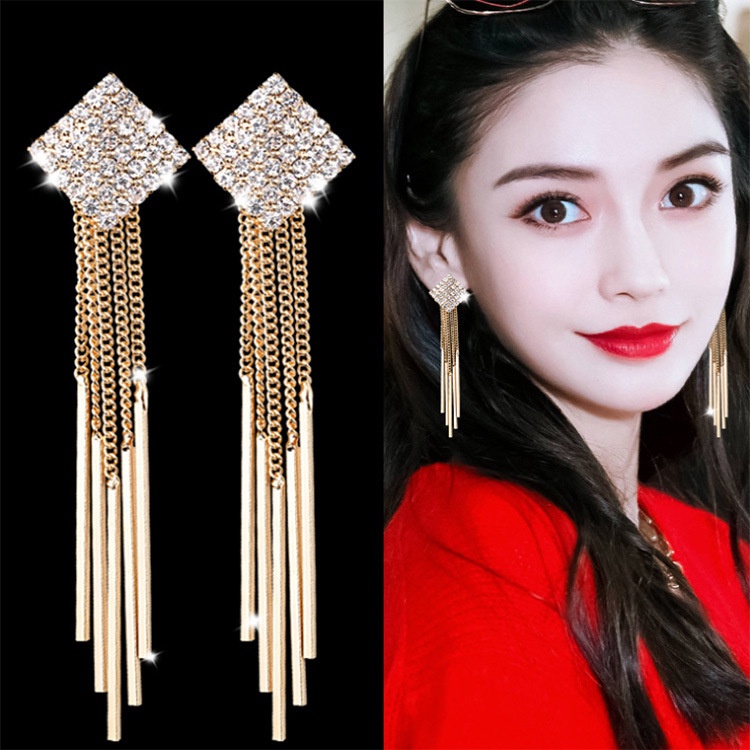 2022 Anting Gantung Panjang Tusuk Gaya Korea Aksen Berlian Imitasi + Rumbai Untuk Perhiasan Wanita