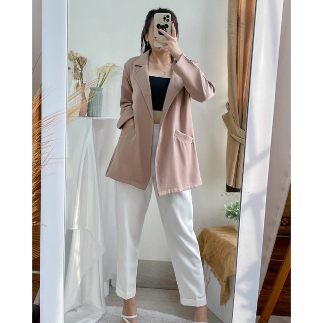 Neo Korean Outer Blazer Hitam Wanita Lengan Panjang Long Blazer Korea Putih Polos