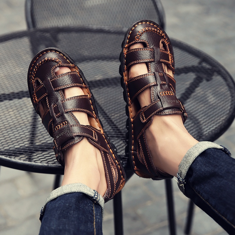 COD Import Handmade Sandal Hiking Gunung Pria Original Sendal Kulit Asli Cowok Outdoor Keren Touring Lentur Pantai 180