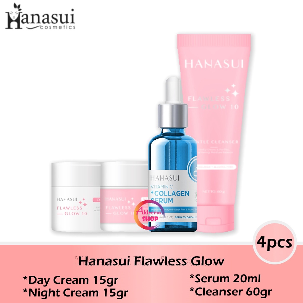 Paket Hanasui Flawless Glow 4pcs (day cream 15gr+night cream 15gr+Serum Biru 20ml+Cleanser 60gr)