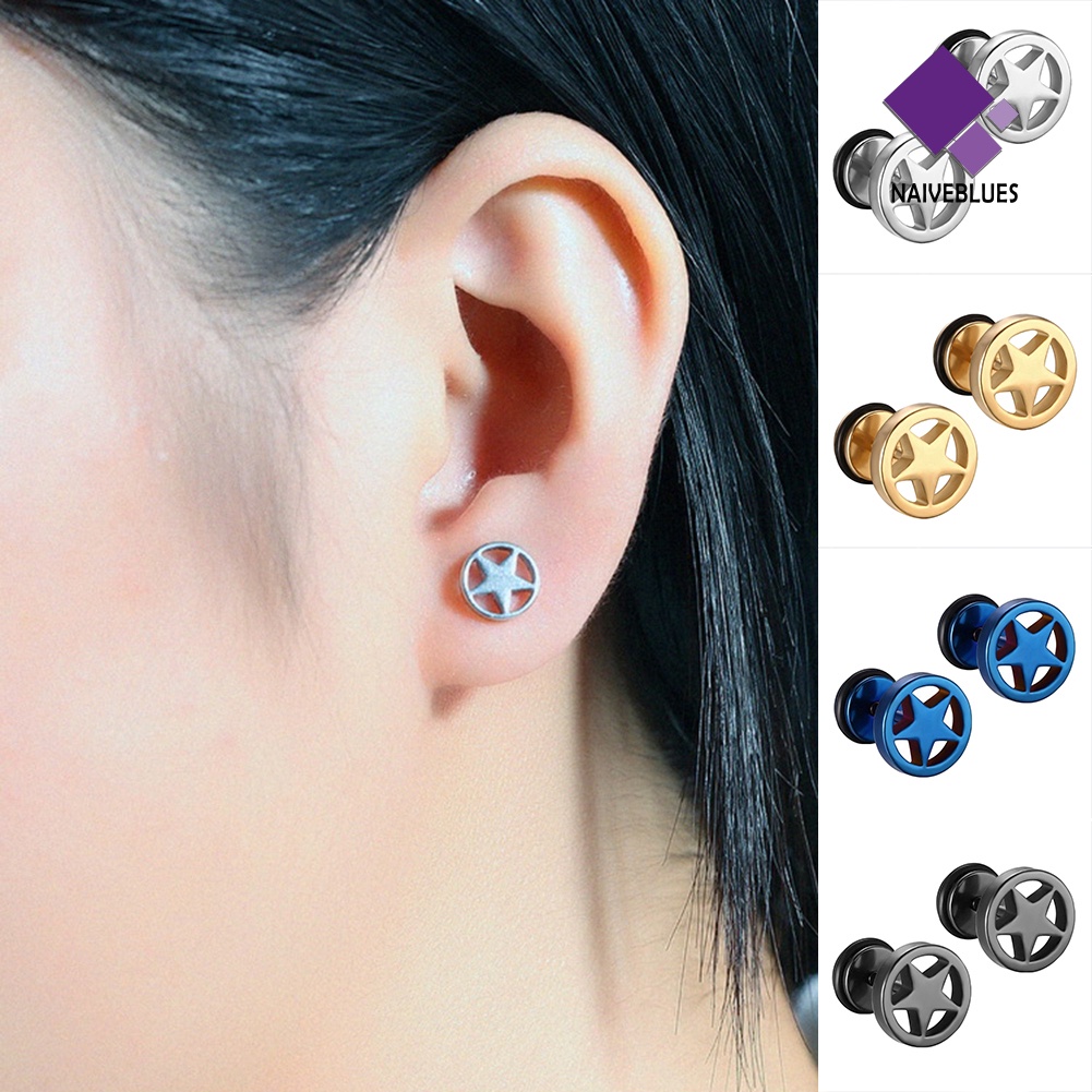 Anting Stud Bentuk Bintang Barbell Bahan Stainless Steel Gaya Punk Untuk Pria Dan Wanita