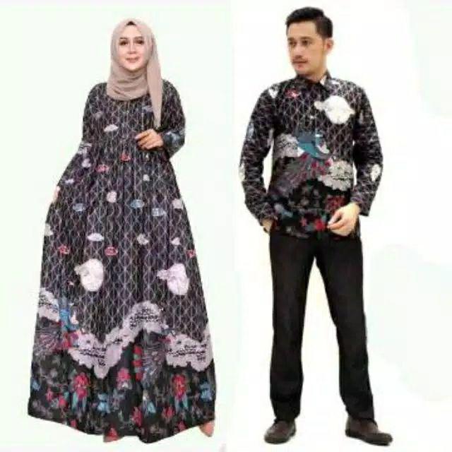 Baju Batik Couple Gamis Jumbo Murah Pasangan Modern Muslim  | Klyn - 041 Cg Mega Merak Coklat