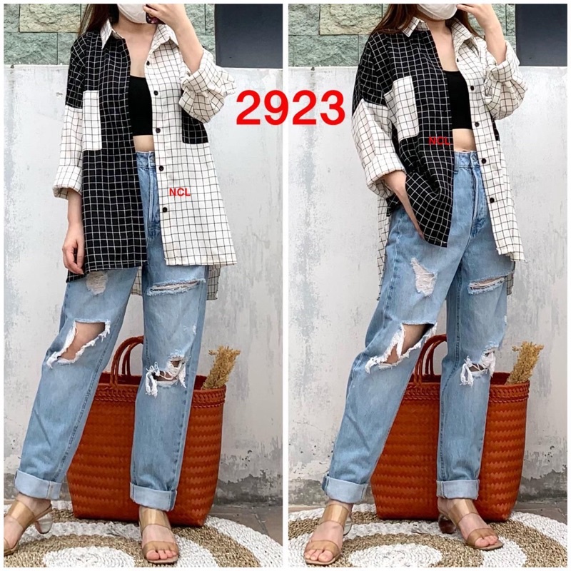 KEMEJA WANITA KOMBINASI KOTAK KOTAK OVERSIZE TERBARU SEMI WOOL 2923