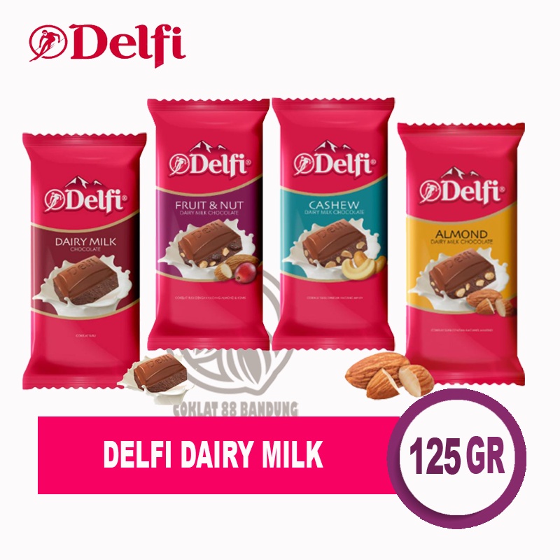 

DELFI DAIRY MILK 125GR, COKLAT DELFI ALMOND, COKLAT DELFI DAIRY MILK CASHEW METE MEDE 125 GRAM