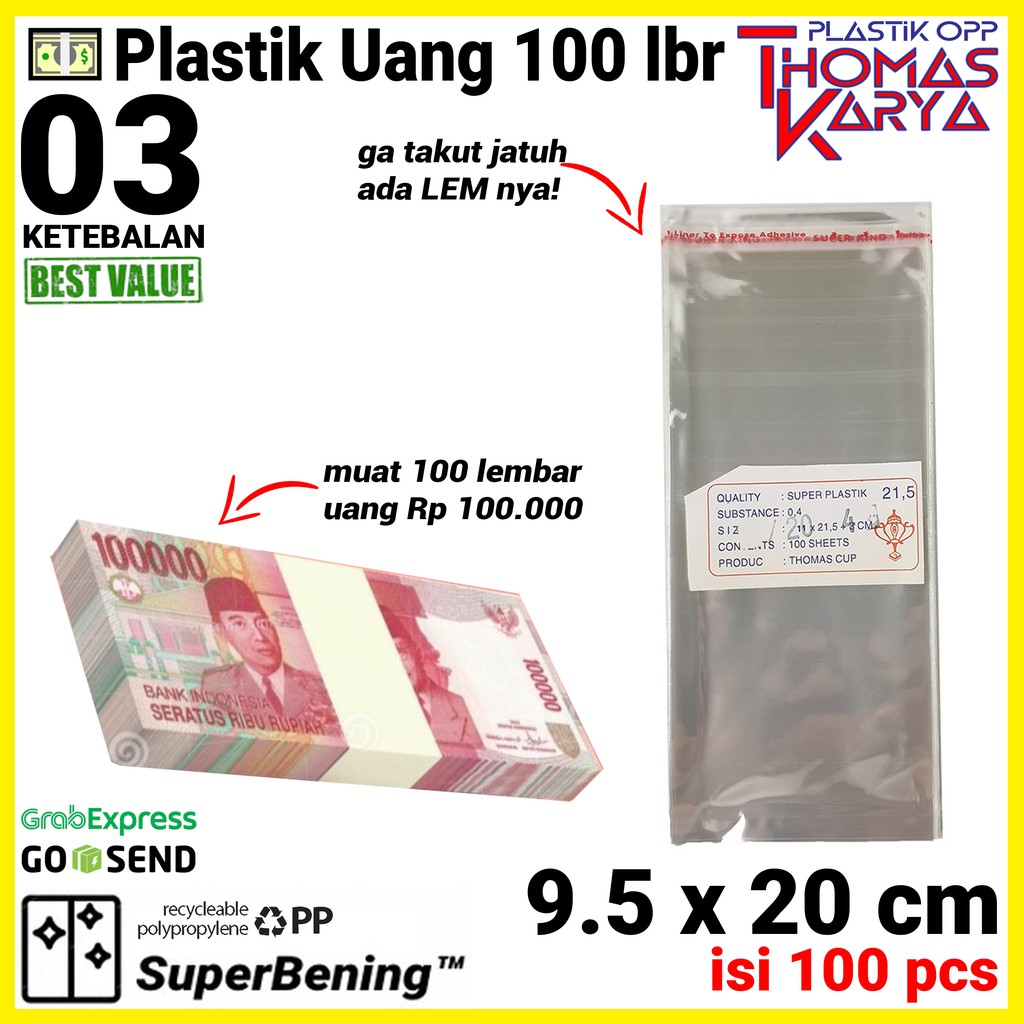 Plastik OPP 9,5x20 Lem isi 100 Kantong Bening Kemasan Bungkus Uang Kertas 100 Rb 100 lembar Uang 100