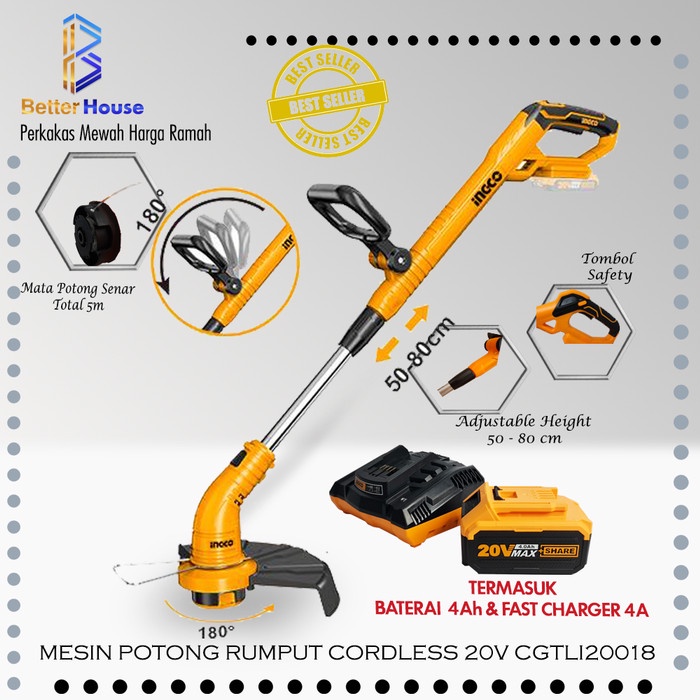 MESIN PEMOTONG RUMPUT POTONG RUMPUT CORDLESS INGCO CGTLI20018 4AH CAS