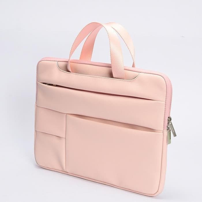 Tas Laptop Macbook Softcase Sleeve Handstrap PU Leather 13 14 inch pink