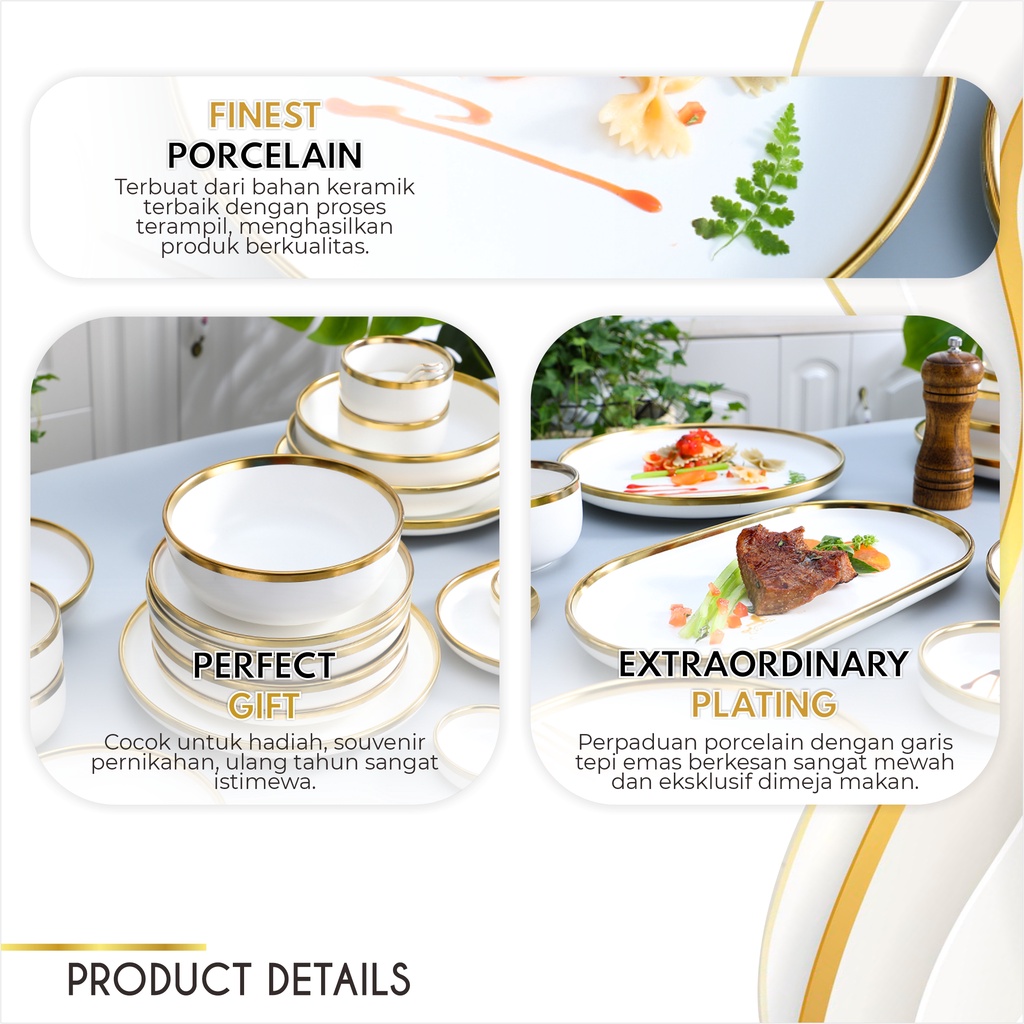 [SATUAN] WHITE - Piring Mangkok Makan Keramik Pinggiran Emas Cantik Ceramic Mewah Western Steak Gold Rim Plate