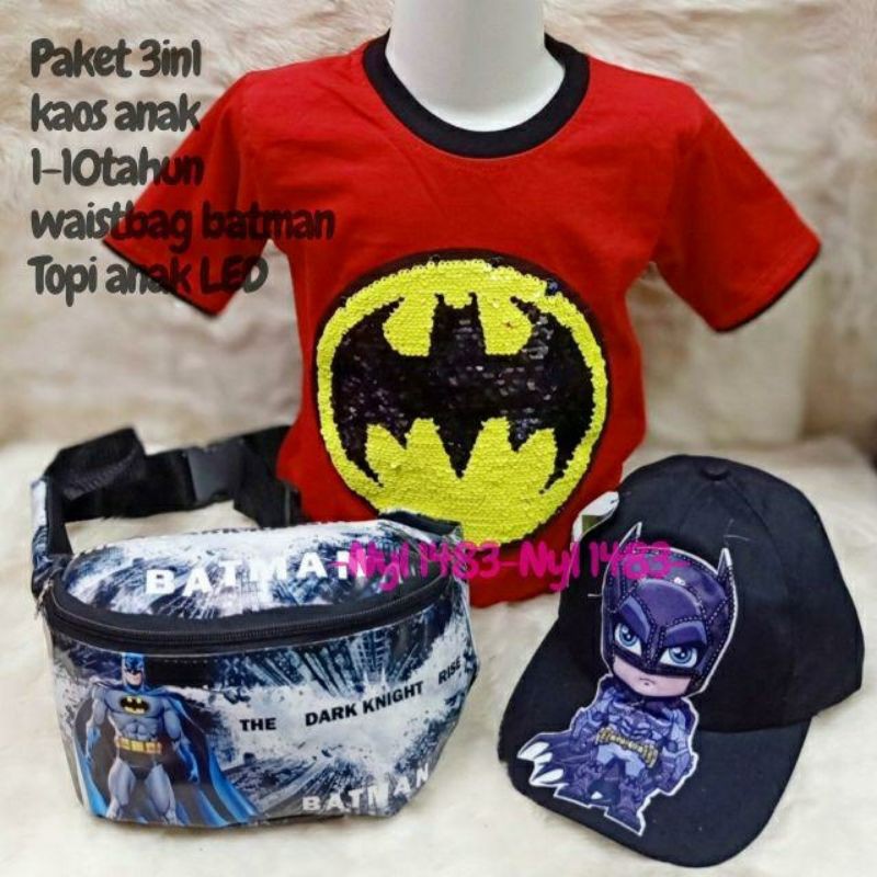 3 in 1 Kaos Usap Anak_Topi_Waistbag Motif Superhero Karakter Foto REALPICT