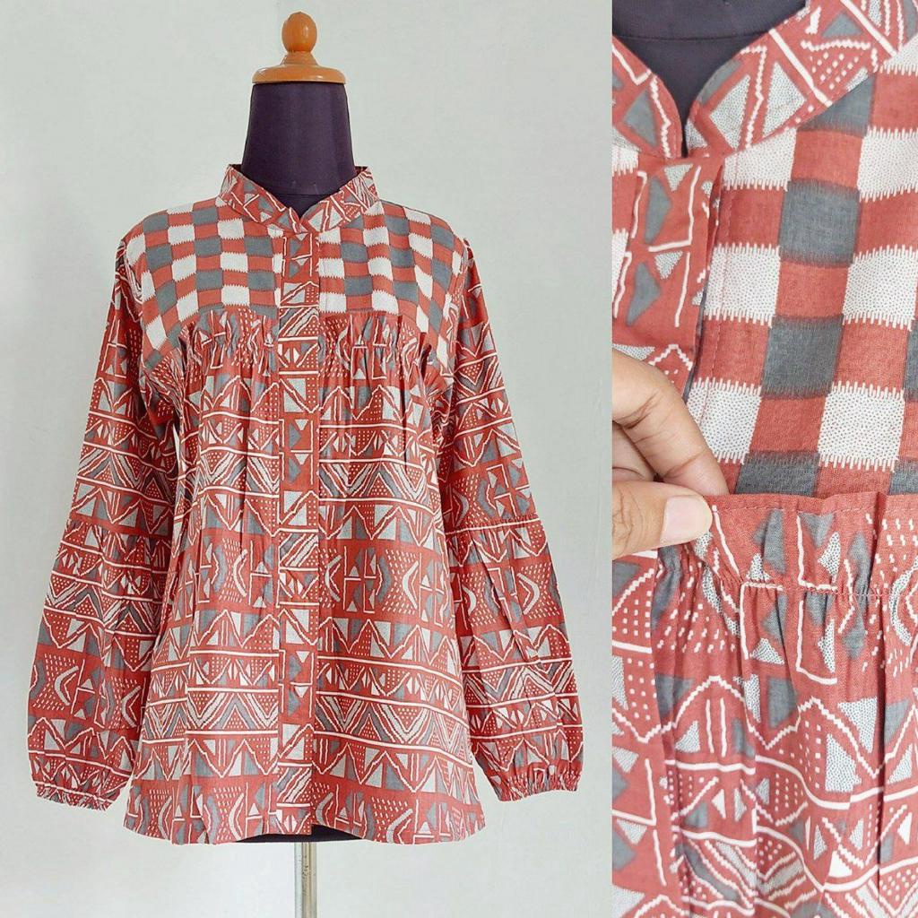 Baju Batik Wanita Modern Atasan Blouse Batik Kerja Kantor Wanita Motif Akar Balon