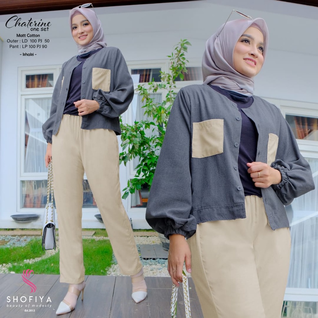 SETELAN WANITA 3IN 1 DENGAN CARDIGAN-OUTER-PANT ~ BAHAN COTTON PREMIUM ~ CHATERINE ONE SET ORIGINAL 
