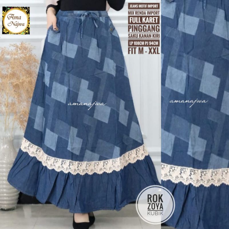 Rok Zoya Kubik Jeans Wash Motif Square Kotak Lp 108 Jumbo Fit XXL Pinggang Karet Aksen Rempel Renda 