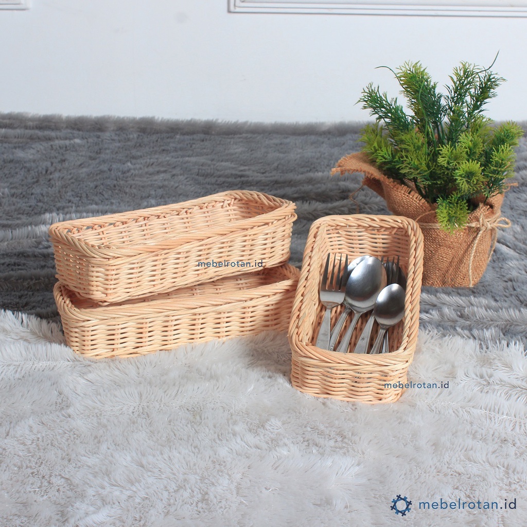 Tempat Sendok Garpu Rotan - Keranjang Kotak Persegi Panjang Kecil