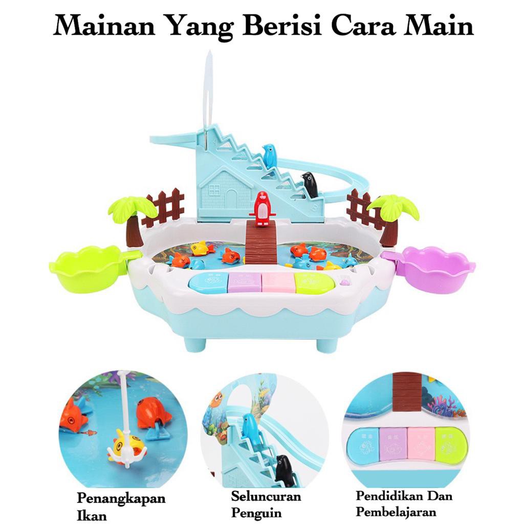 [MS]Mainan Pancingan 3in1 Pancingan Ikan Magnet Seluncuran Penguin Mini Piano Model Terbaru