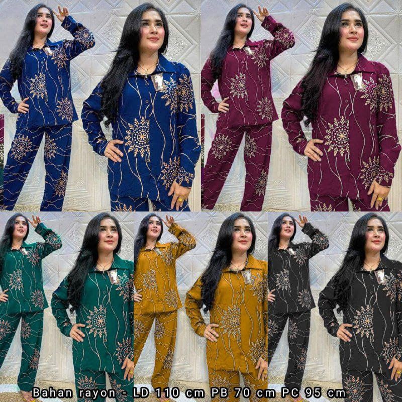 Bunga Matahari One Set Wanita Rayon Premium Setelan Wanita Lengan Panjang Set Celana Kekinian LD 110 cm