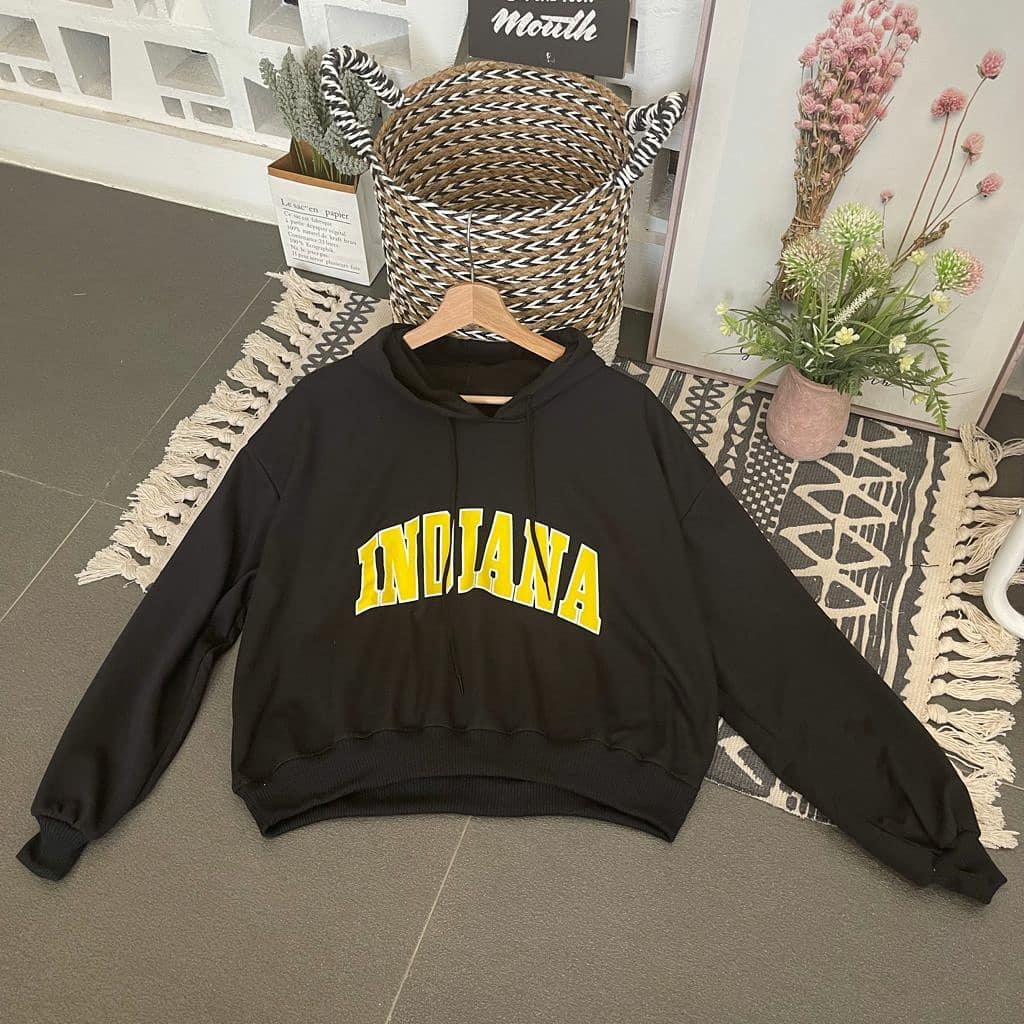 Croope Hoodie Indiana Croptop Oversize Wanita Motif Lettering Bahan Fleece