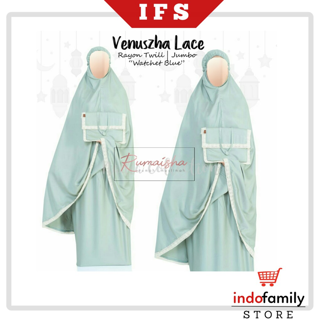 Mukena Dewasa VENUSZHA LACE Warna Tosca Watchet Blue By Nadia Collection Bahan Rayon Twill Adem Nyam