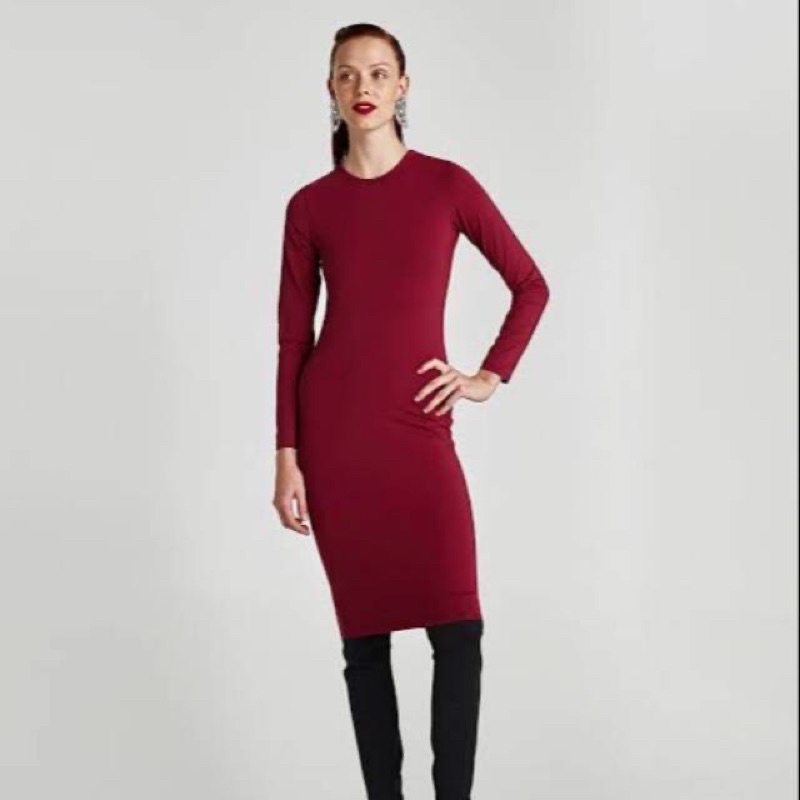 Dress Zara Woman With Long Sleeves Maroon Baru Asli Original