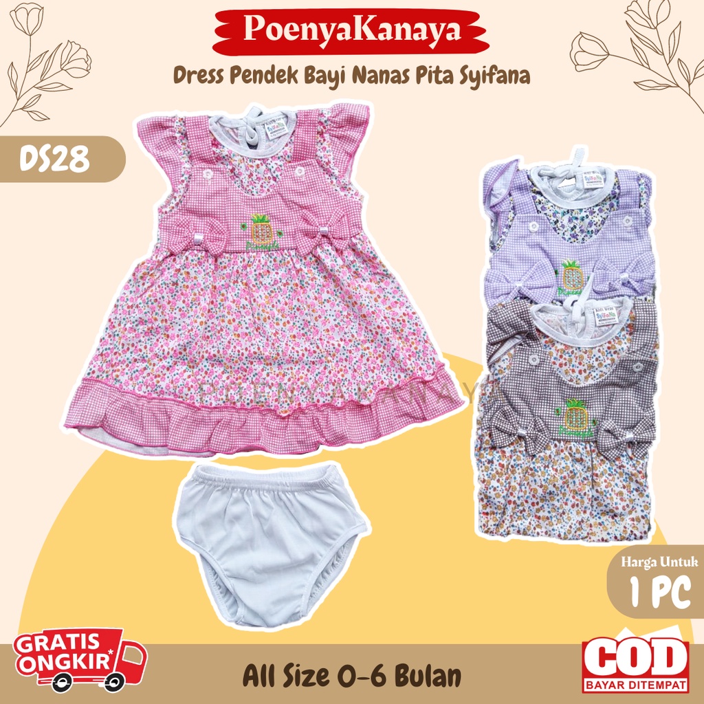 Dress Bayi Anak Tangan Pendek Motif Nanas Pita Syifana 0-6 Bulan DS28