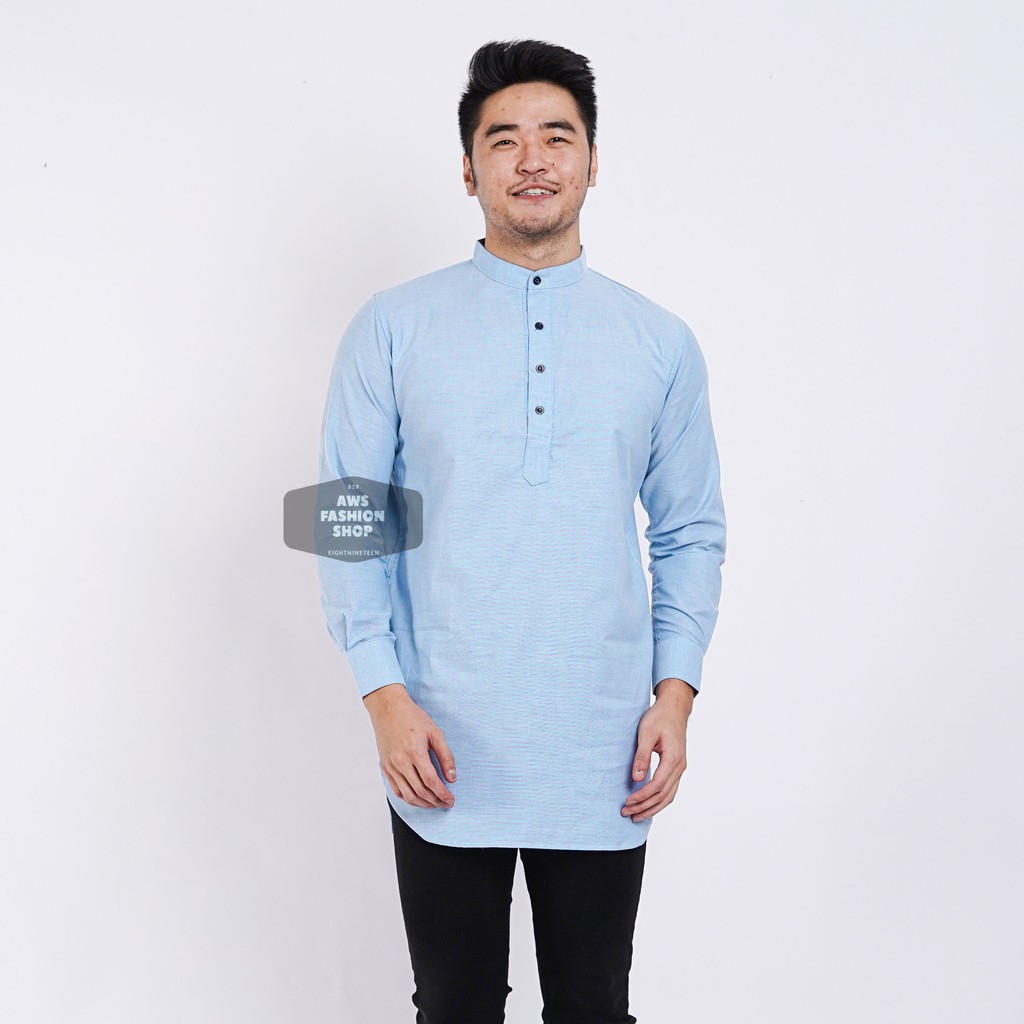 Baju Koko Lengan Panjang Kemeja Kurta Pria Cowok Biru Muda Polos Kerah Shanghai Ada Big Size