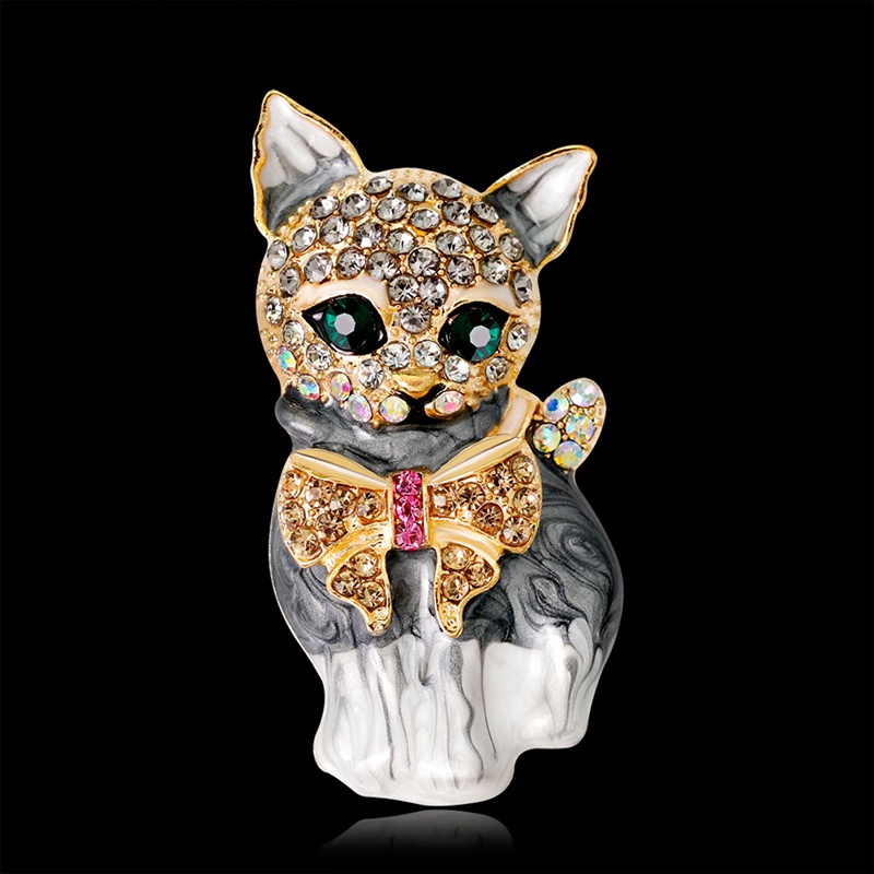 Bros Pin Enamel Bentuk Kartun Kucing Mata Hijau Aksen Kristal Untuk Hadiah