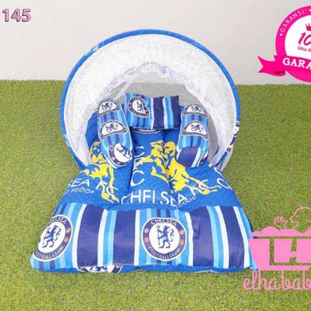 Kasur Bayi Motif Bola Lucu Chelsea Set Bantal Guling Kelambu Lipat Praktis Murah | Kado Baby Newborn