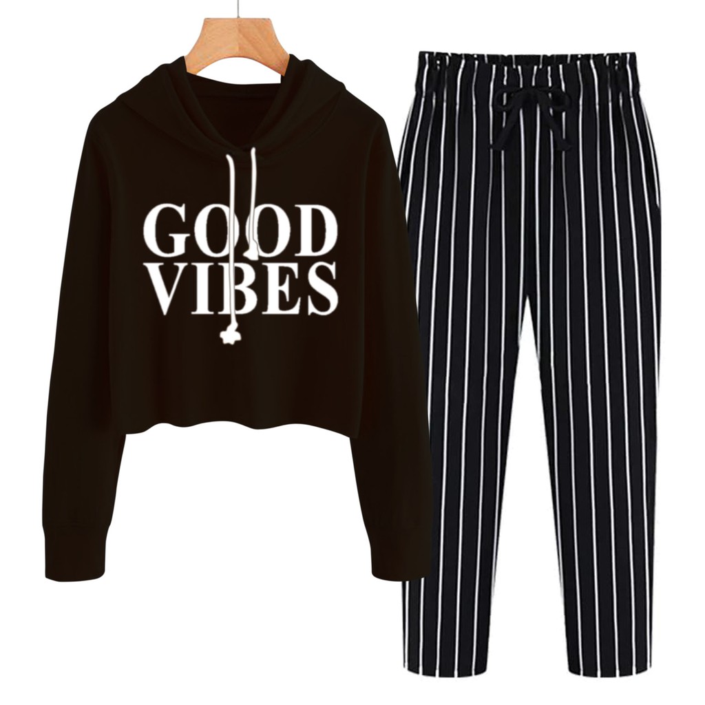 BESS - Baju Setelan Wanita Murah / Setelan Hoodie Crop + Celana Salur Hitam - GOOD VIBE