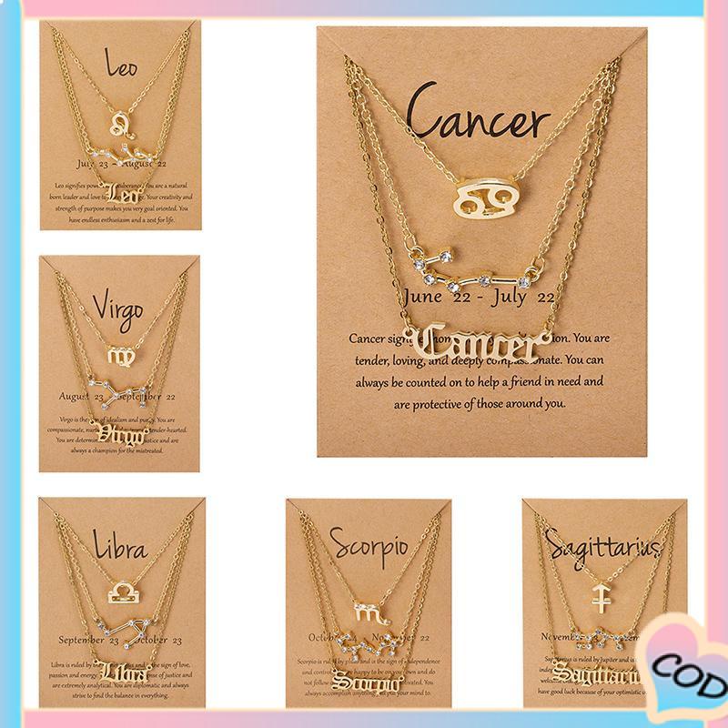 COD❤️ 3 Pcs/set 12 Zodiak Wanita Konstelasi Liontin Rantai Kalung Ulang Tahun Perhiasan dengan Kartu Karton-A.one